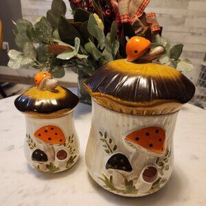 Vintage Merry Mushroom Canisters 2 Pieces With Lids Ceramic